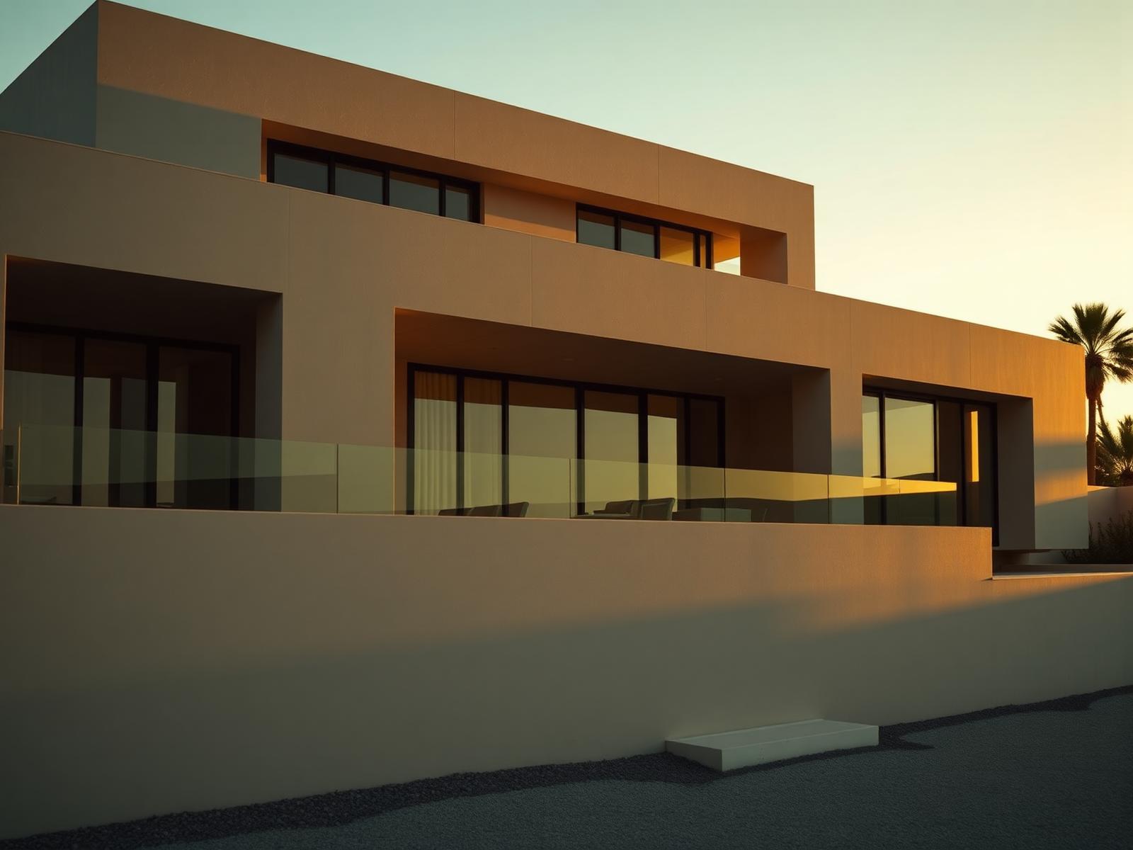 Modern luxury architectural villa at golden hour